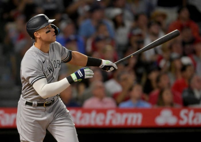 Aaron Judge watches a ball fly towards the outfield. He could be a top target of the SF Giants this offseason.